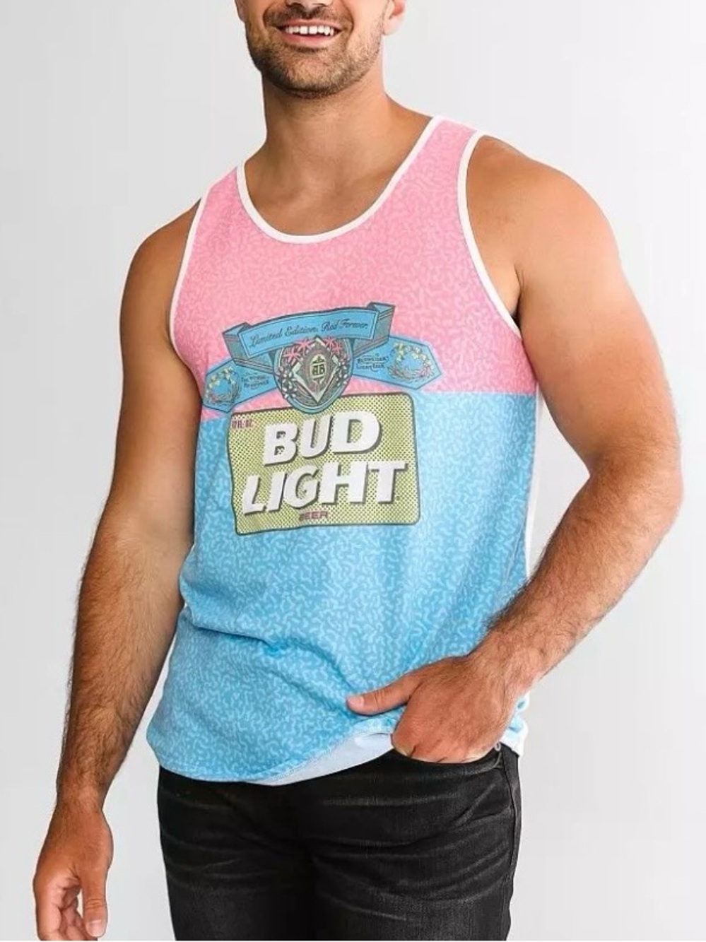 Bud Light Men’s Pink & Light Blue Graphic Tank Top